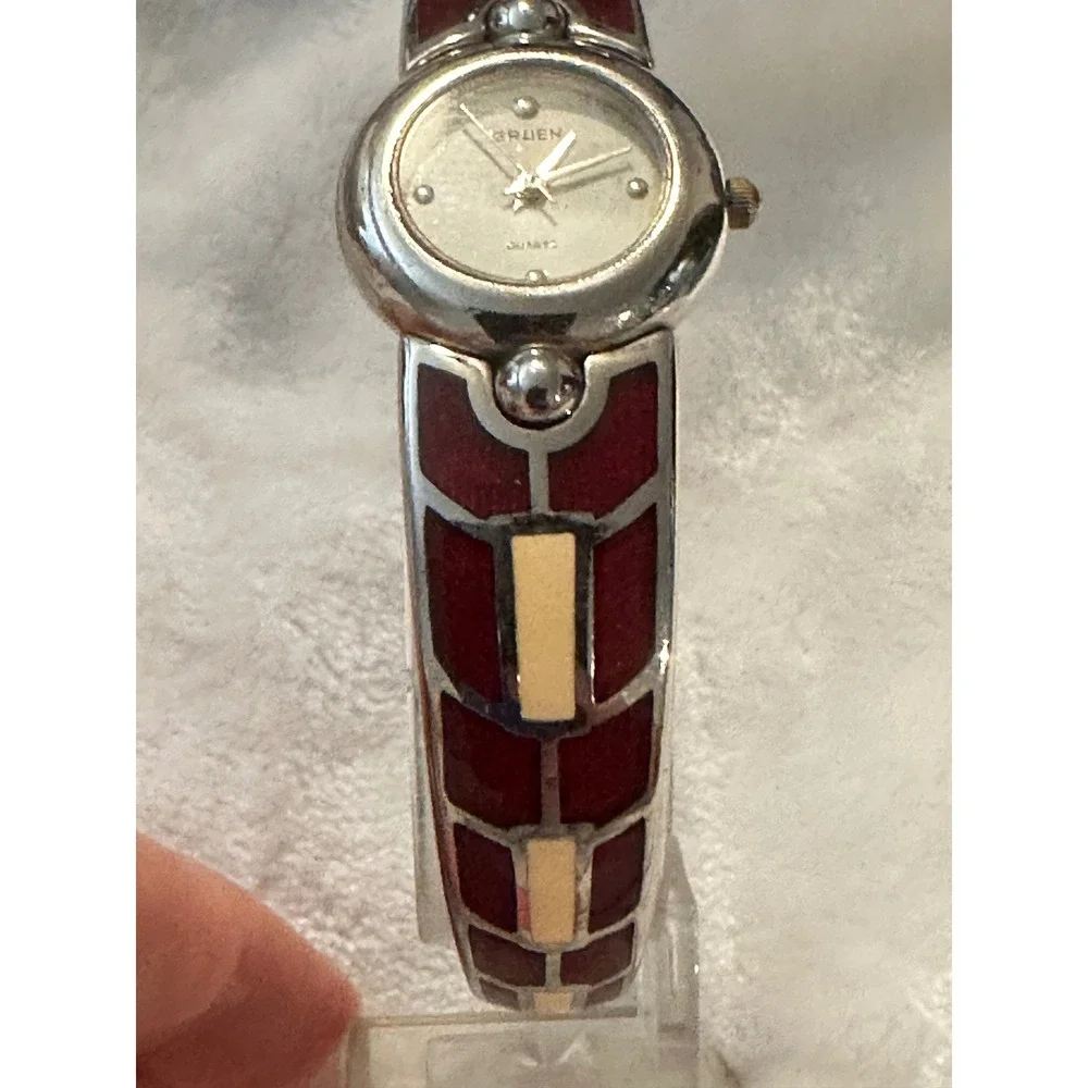 Gruen Quartz Bangle Watch Red and‎ Silver Tone Stylish Womens Jewelry